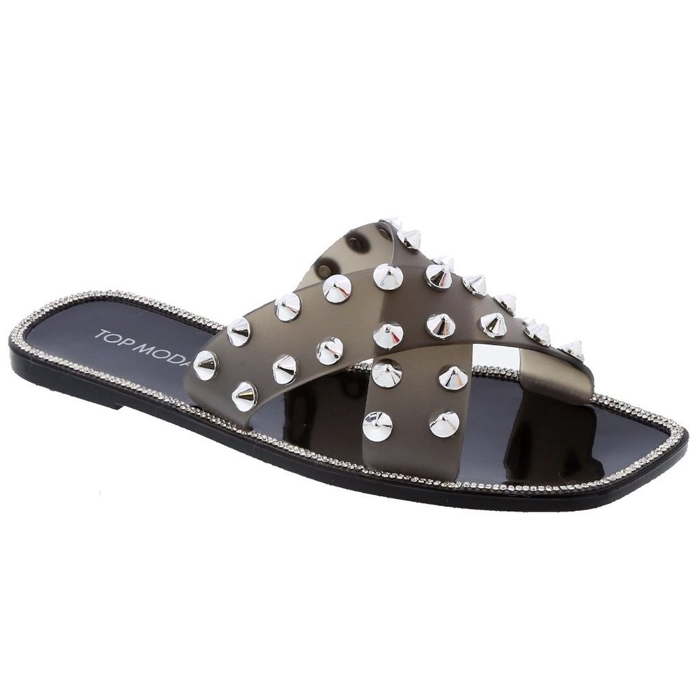 Black Silver Spiked Rhinestone Jelly Slides Sandals